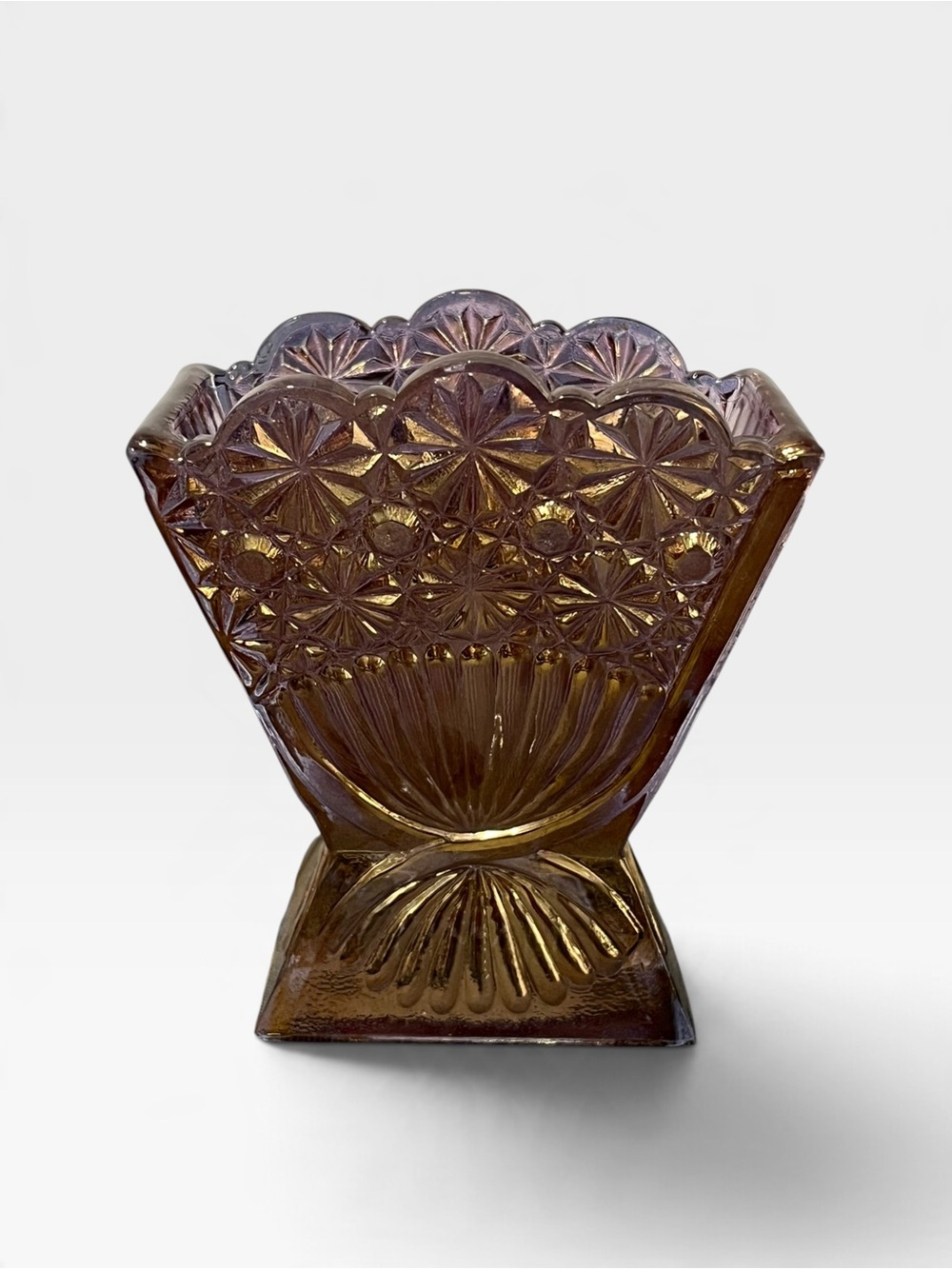 Americana by L.G. Wright Amber Purple Glass Fan Vase Scalloped Rim